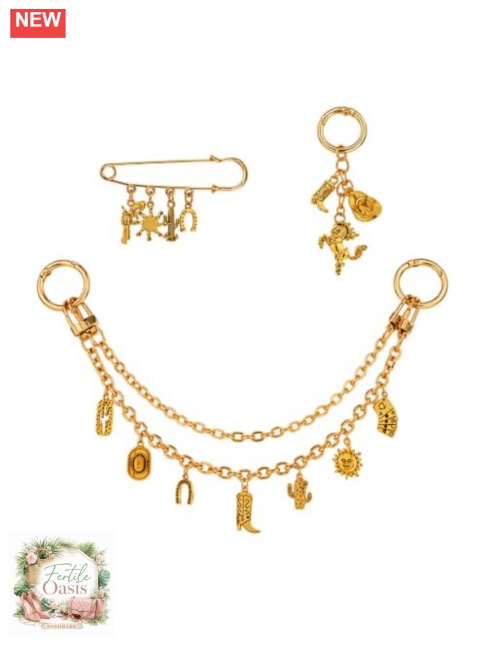 3Pcs Gold Purse Chain Charms Set Handbag Keychain Accessories Western Boho